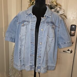 Light Blue Denim Short-Sleeve Jacket XL Slight Puff Sleeve